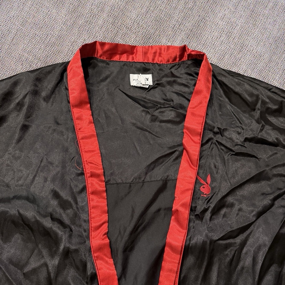 Playboy Bunny VTG 90s y2k Robe Black Red Pockets Satin Full Length L / XL